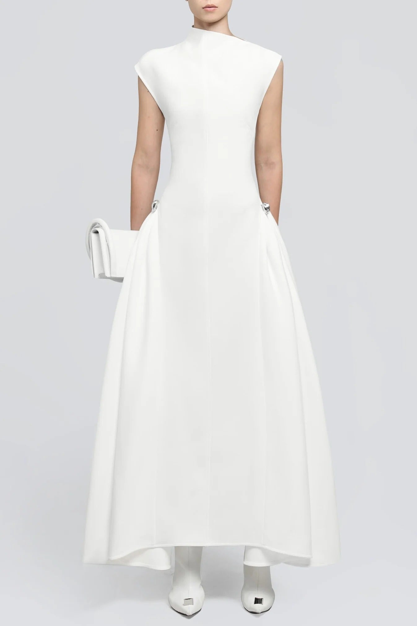 Luna Symmetric Draped Midi – Architectural High-Neck Flare Dress