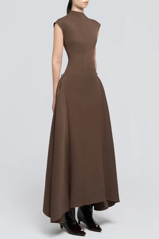 Luna Symmetric Draped Midi – Architectural High-Neck Flare Dress