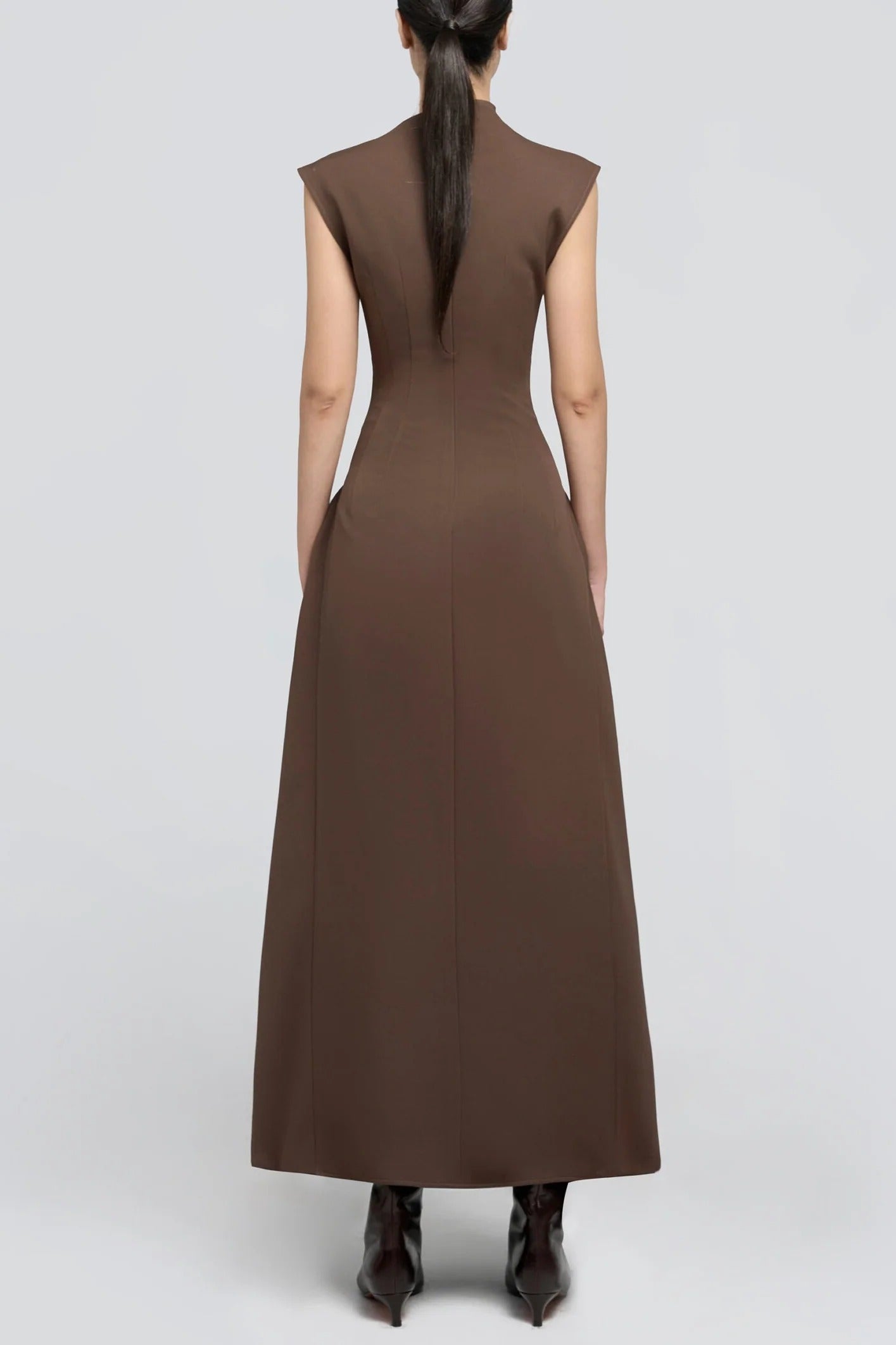 Luna Symmetric Draped Midi – Architectural High-Neck Flare Dress