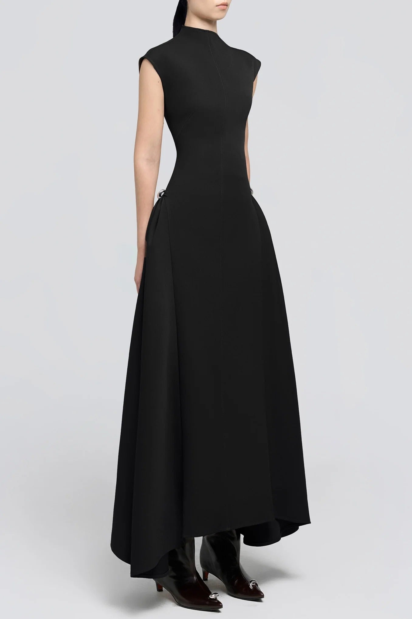 Luna Symmetric Draped Midi – Architectural High-Neck Flare Dress