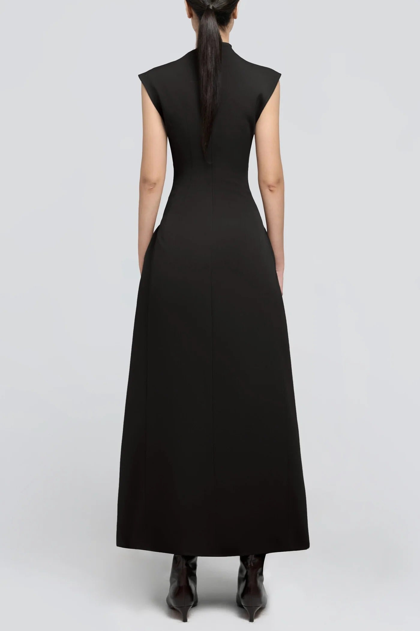 Luna Symmetric Draped Midi – Architectural High-Neck Flare Dress