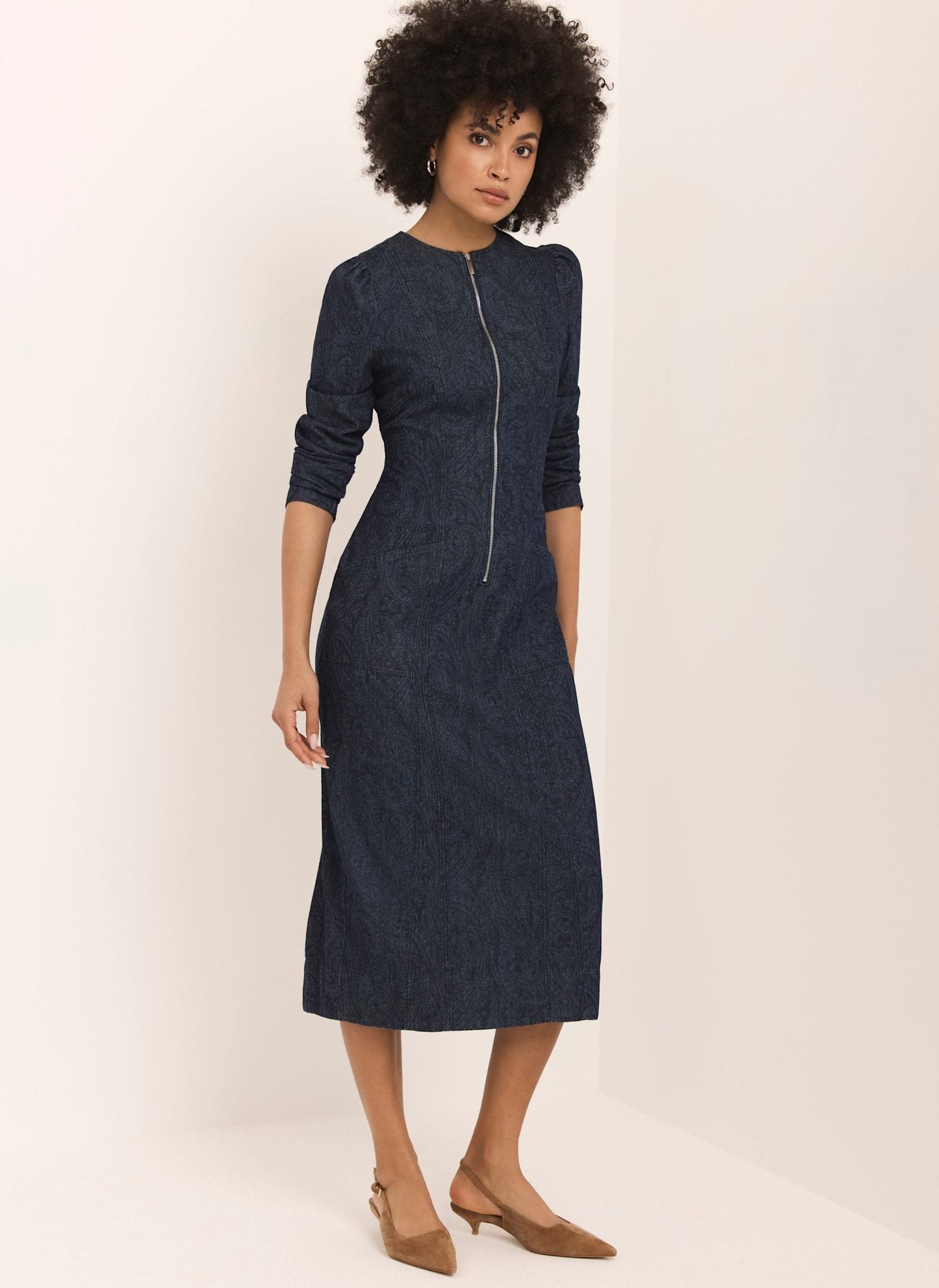 Dark Indigo Paisley Print Denim Midi Dress