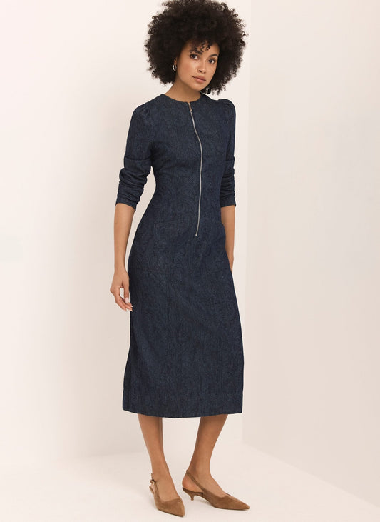 Dark Indigo Paisley Print Denim Midi Dress