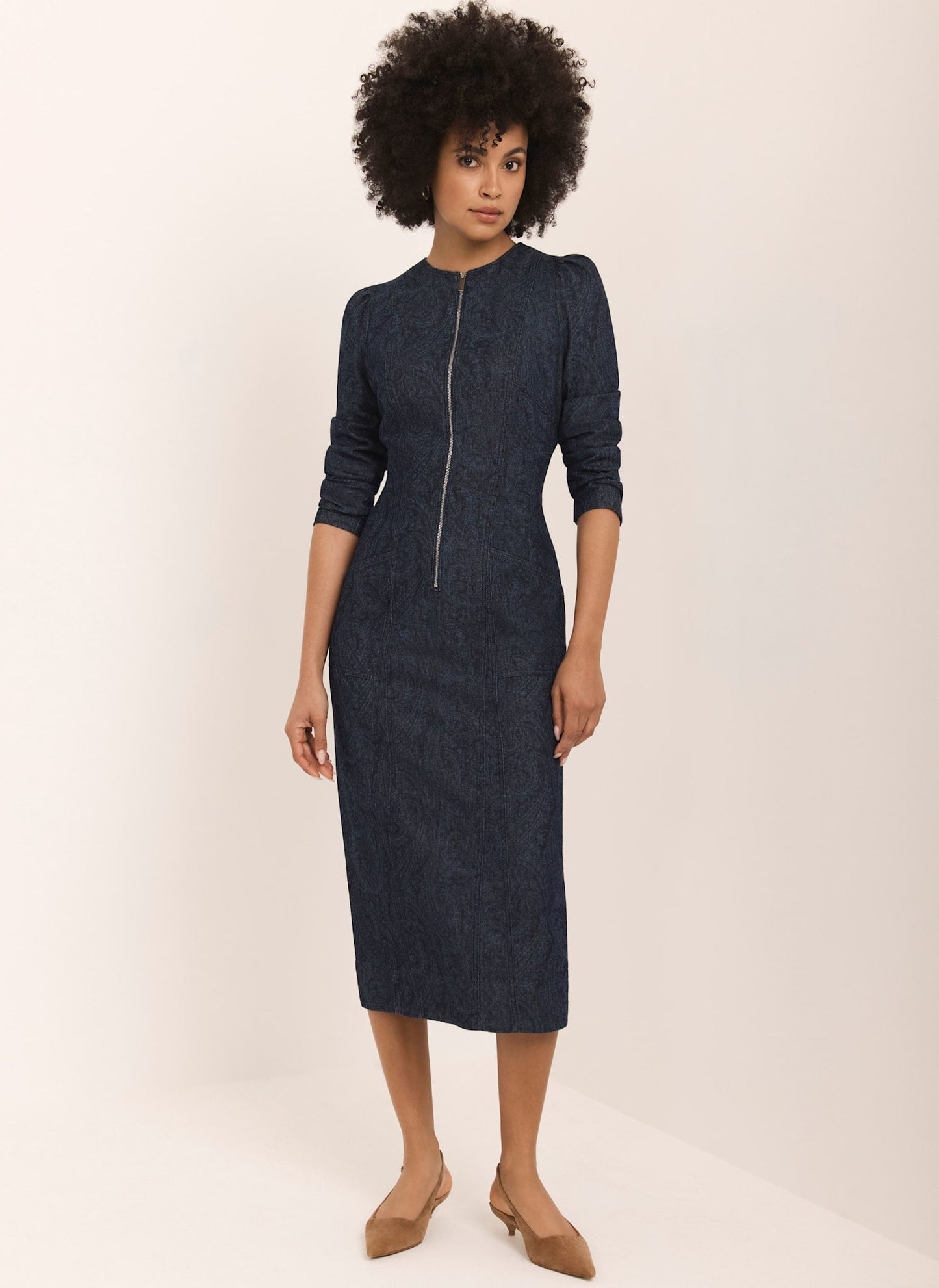 Dark Indigo Paisley Print Denim Midi Dress
