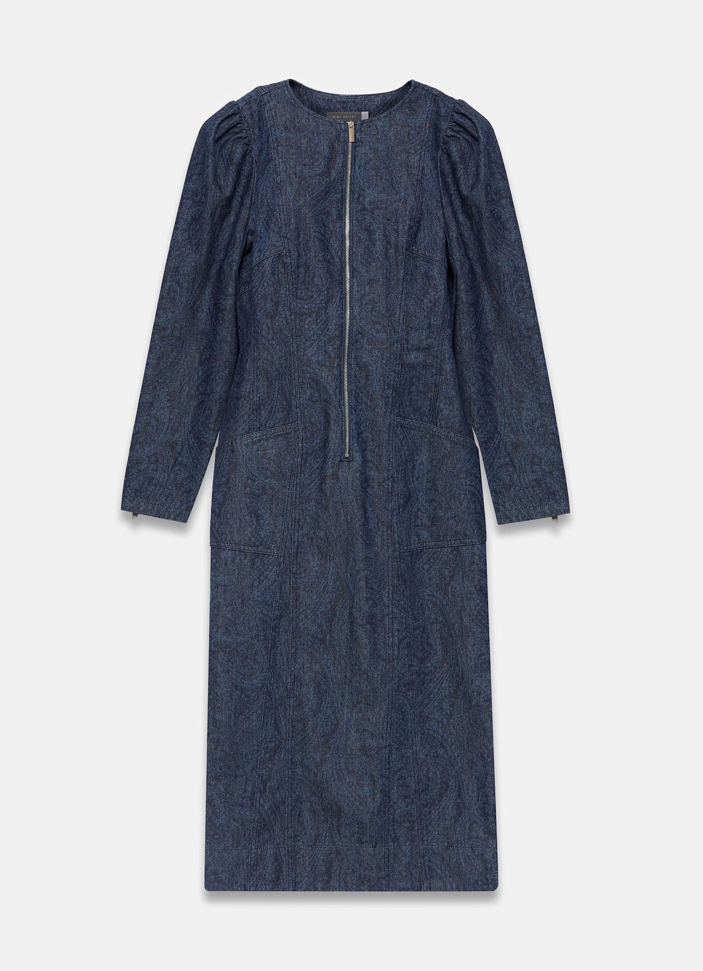 Dark Indigo Paisley Print Denim Midi Dress