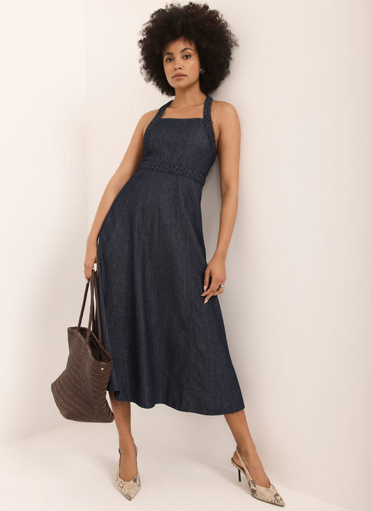 Dark Indigo Denim Halter Midi Dress