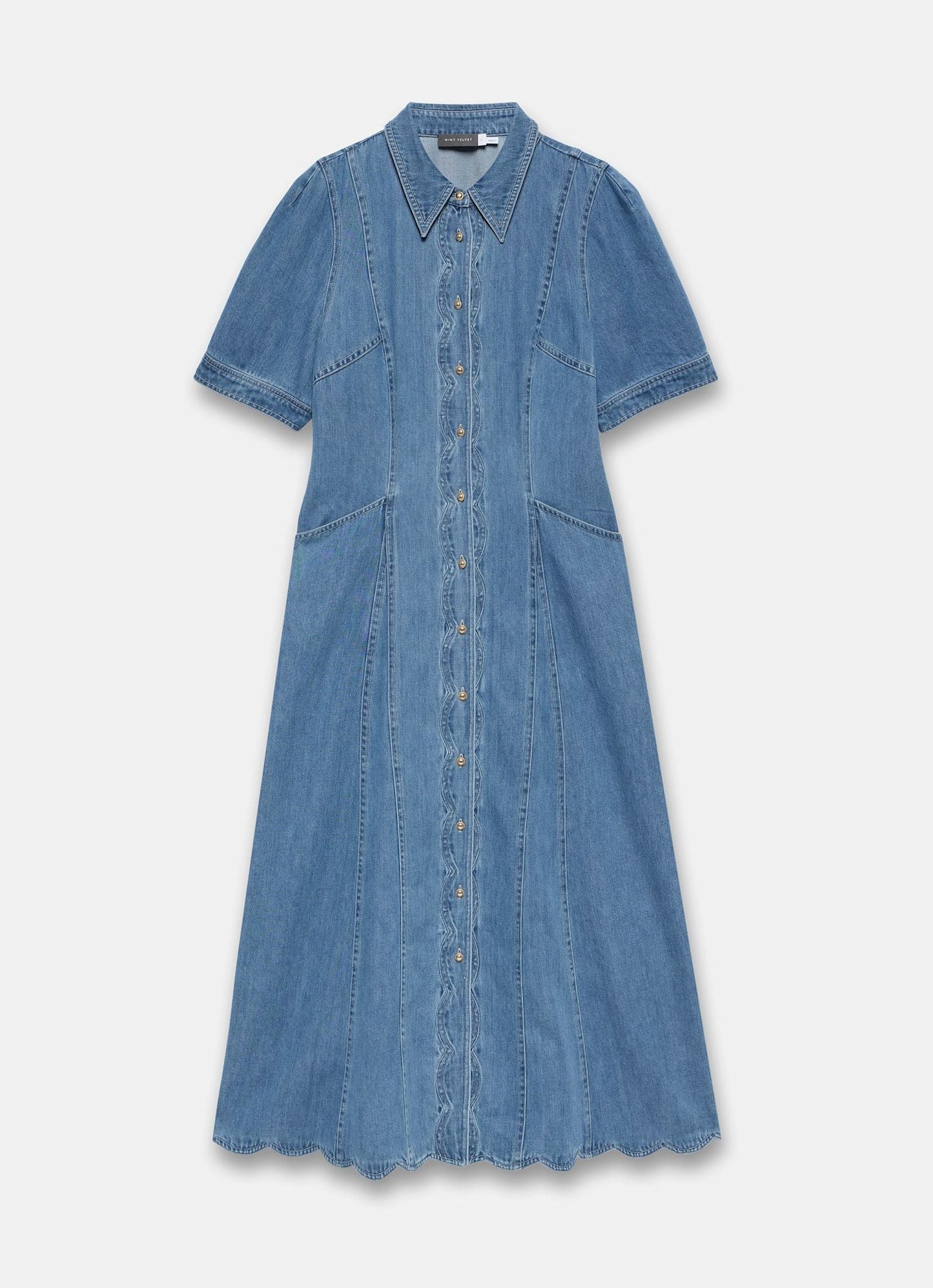 Indigo Denim Scallop Detail Midi Dress